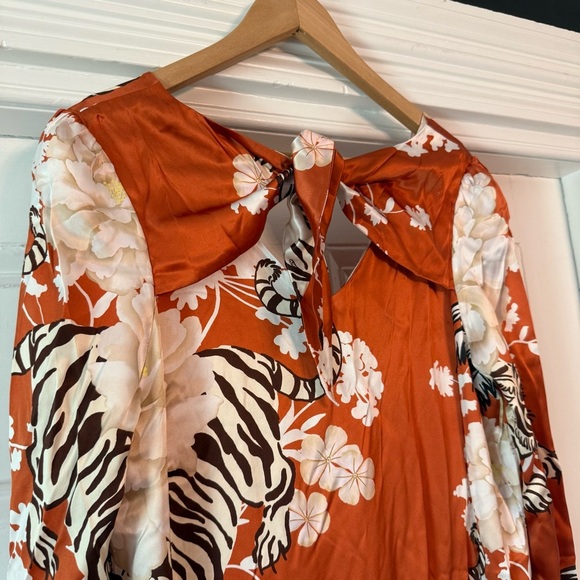 NWT Las Sureñas Women’s Long Orange Floral Tiger Print Dress Medium 100% Silk - Picture 6 of 14